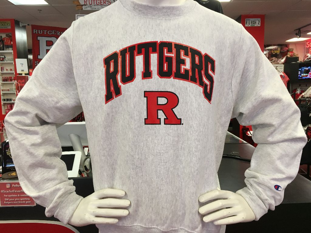 position Styring Boost Rutgers Champion Reverse Weave Crewneck Ash Grey - Scarlet Fever Rutgers  Gear